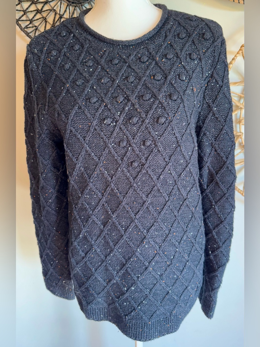 Lands' End Black Speckled Diamond Cable Knit Crewneck Sweater M